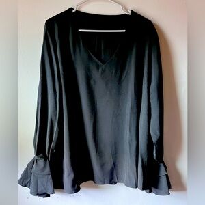 Women's V Neck Tiered Ruffle Bell Long Sleeve Blouse Tunic Top Black XX-Large